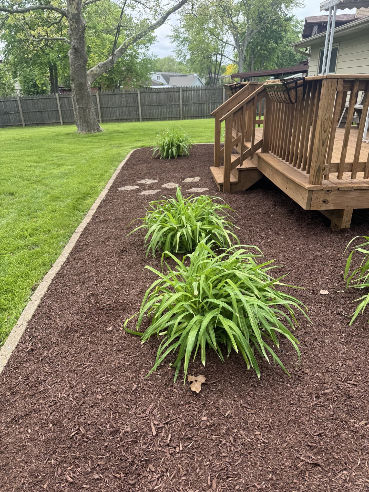 Mulched planting bed with stepping stones alongside a backyard deck.