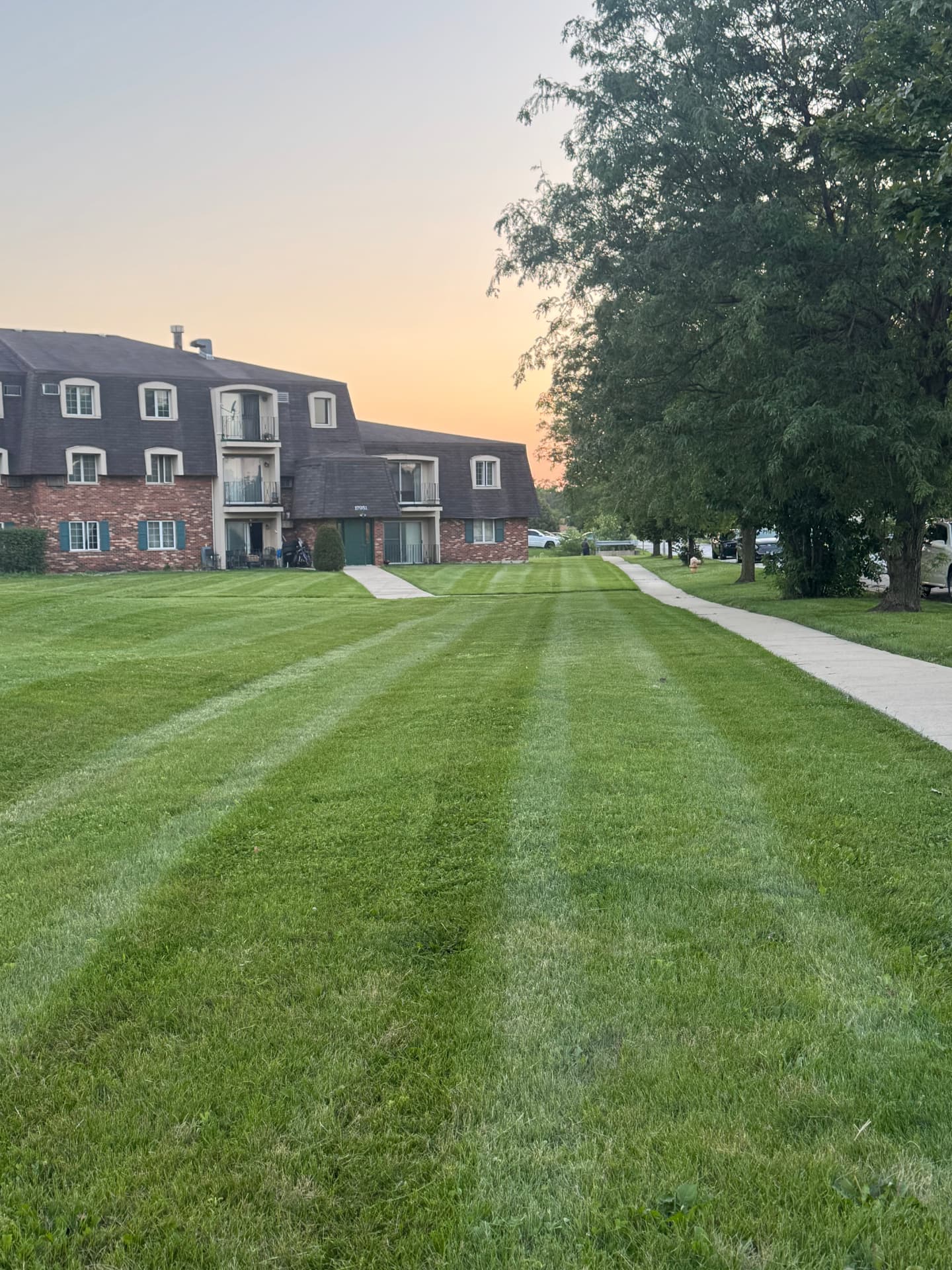 Freshly striped lawn at an apartment community at sunset.