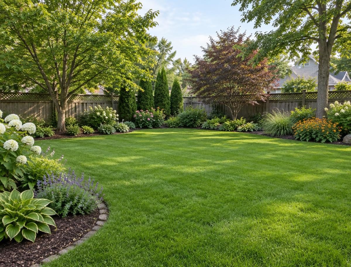 A tidy backyard lawn bordered by planting beds and mature trees